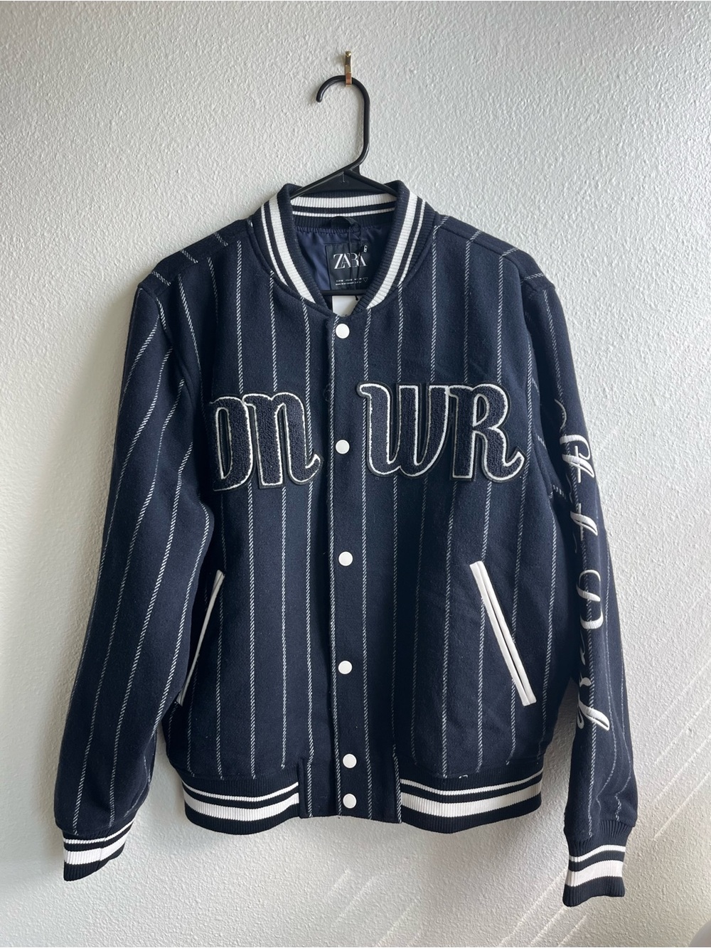 Zara Men’s Navy Pinstripe Varsity Bomber Jacket with White Trim
